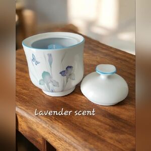 Floral White and Blue Ceramic  100% Soy Lavendar Candle
